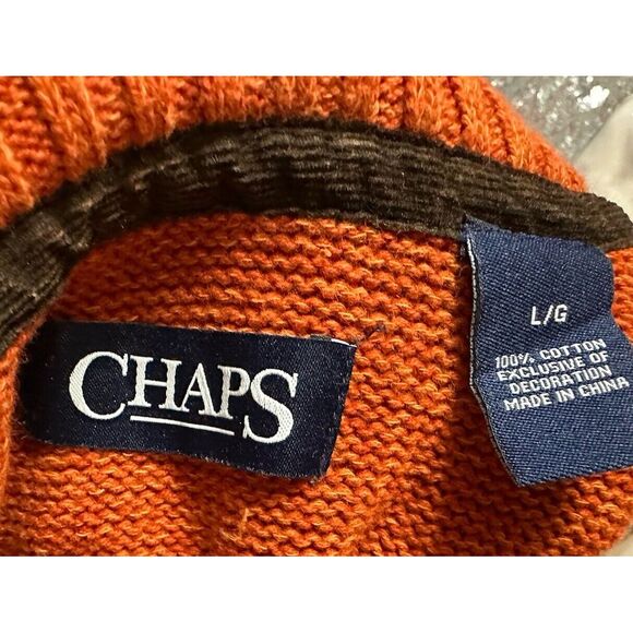 Chaps Sweater Mens Size L Orange Cotton Knit Mock Neck Faux Leather Elbow Patch - Picture 4 of 5